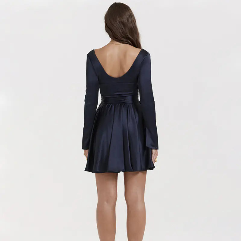 Fashionable V-Neck Backless Dress with Waist Tie